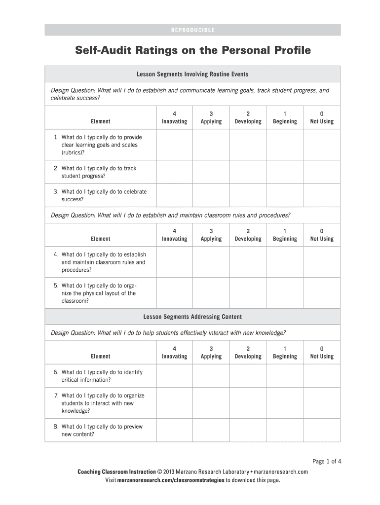 Self Audit Ratings on the Personal Profile  Marzano Research Bb  Form