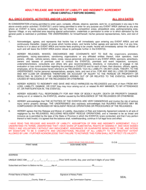 Adult Release and Waiver of Liability and Indemnity Agreement All Bb Gncc Iscdn  Form
