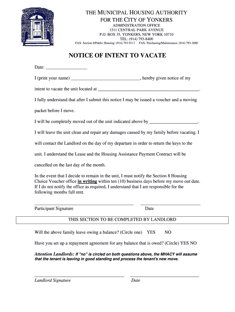 30 Day Vacate Notice  Form