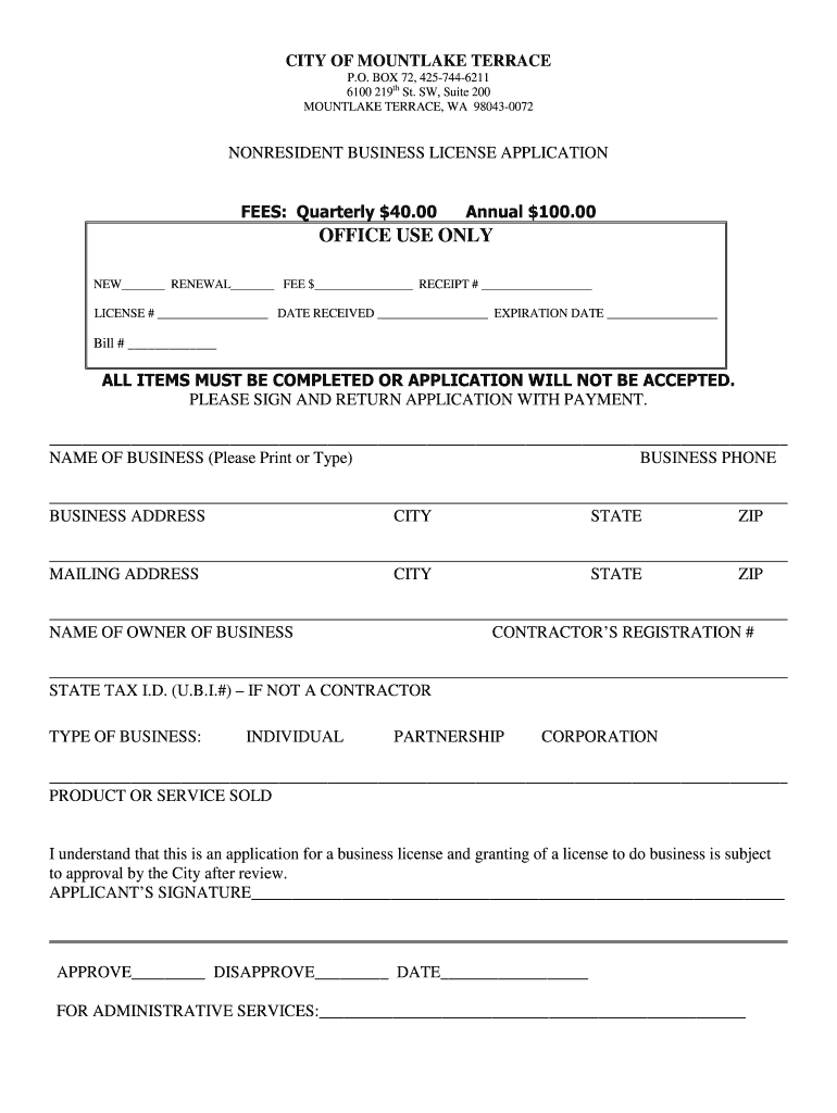 Non Resident Business License  City of Mountlake Terrace  Form