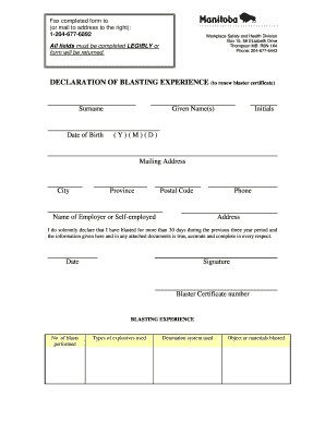 Application for Blaster Certificate Renewal SAFE Manitoba  Form