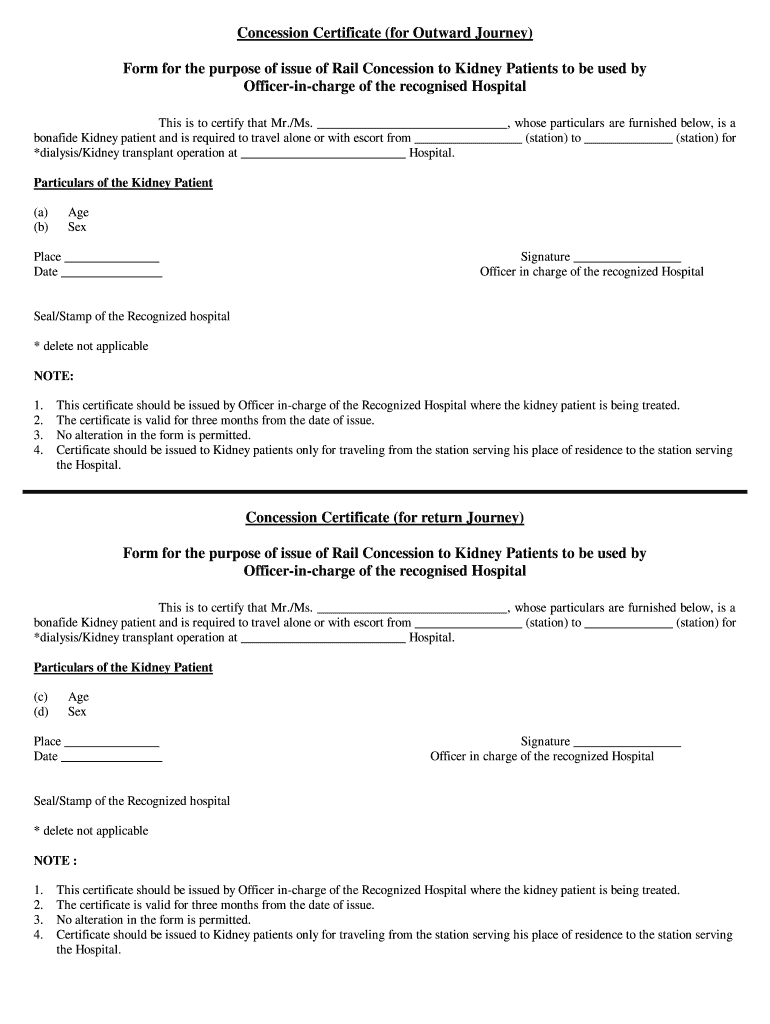 Concession Certificate for Patients  Form