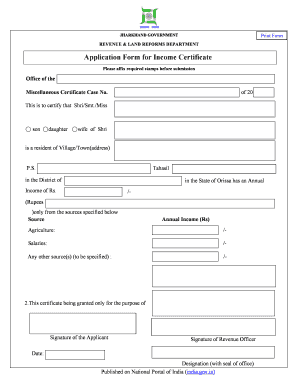 Jharkhand Income Certificate Form Download PDF