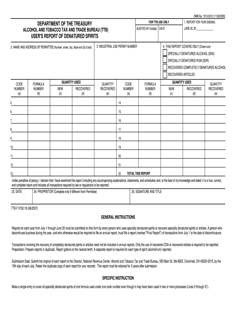  User&#39;s Report of Denatured Spirits  Nonbeverage Drawback 2007