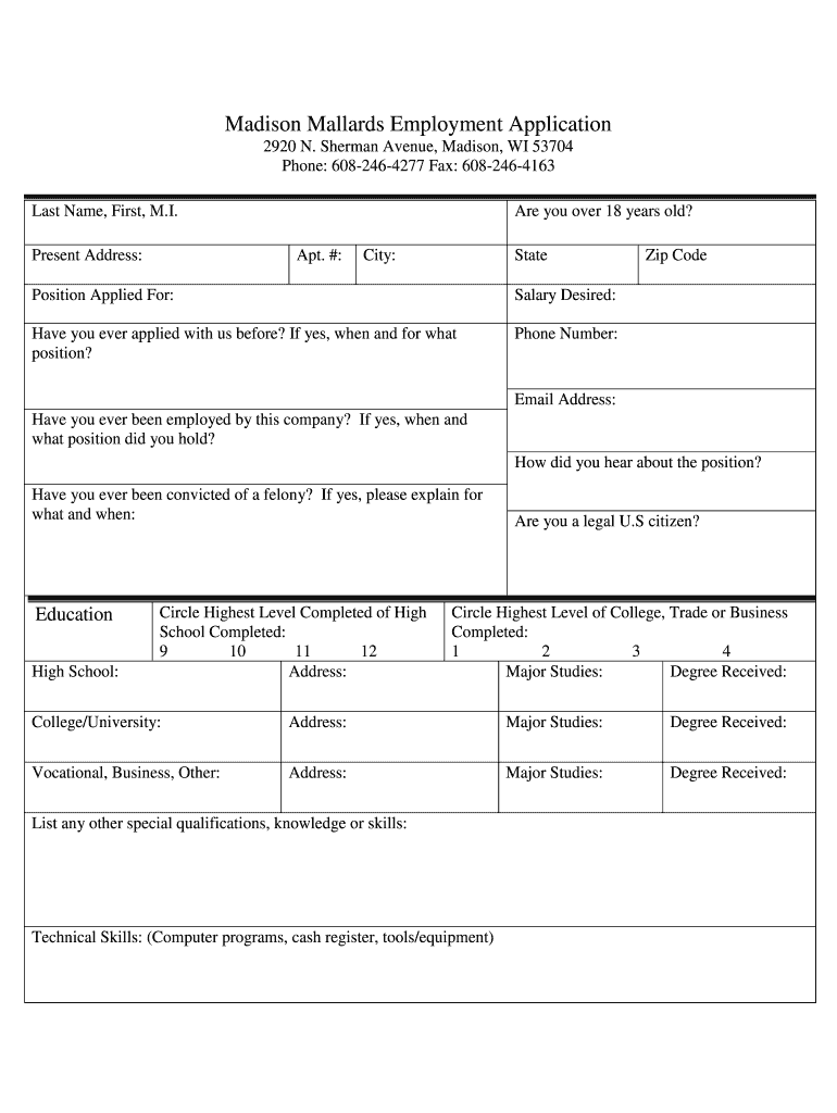 Madison Mallards Employment Application  Northwoods League  Form