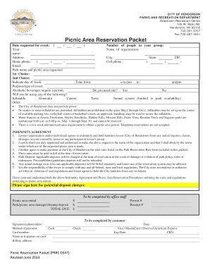 Picnic Area Reservation Packet City of Henderson  Form