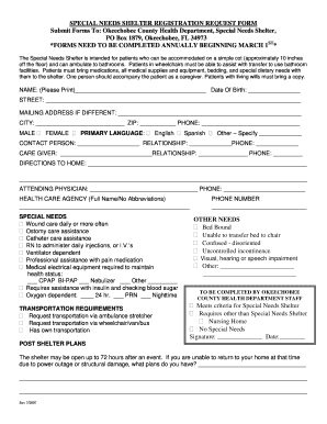 Okeechobee County Special Needs Shelter Application Form