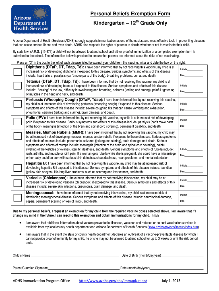  Personal Beliefs Arizona Form 2013-2024