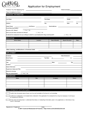 Sample Employment Application Form Template Carnival Restaurant