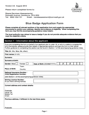 Blue Badge Application Form Cornwall Council