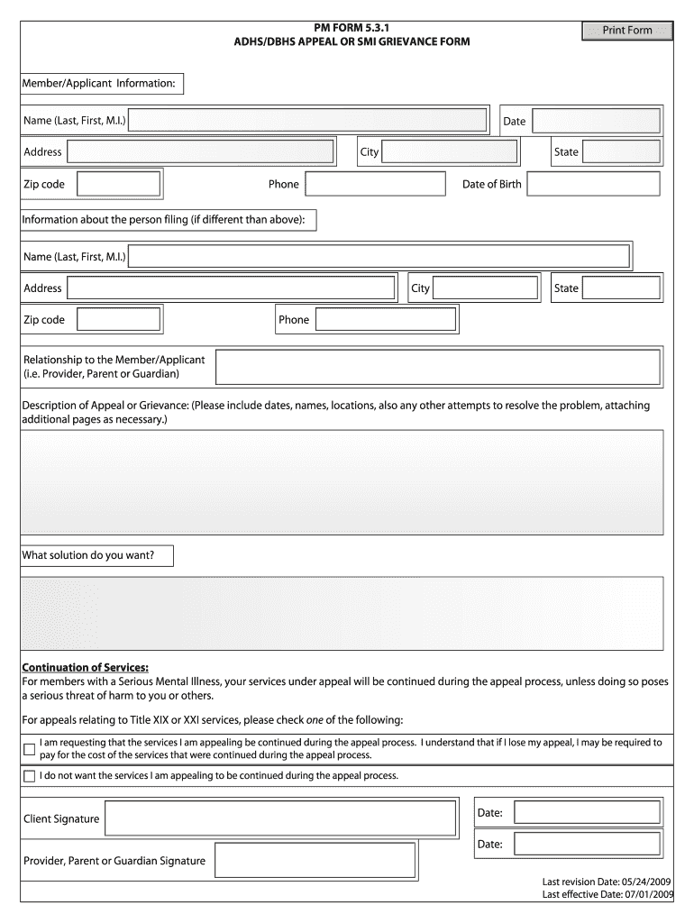  PM FORM 5 3 1 ADHSDBHS APPEAL or SMI GRIEVANCE FORM 2009-2024