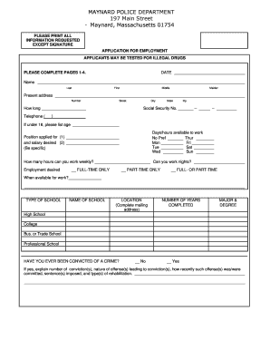 Sample Employment Application Form Maynard, Massachusetts