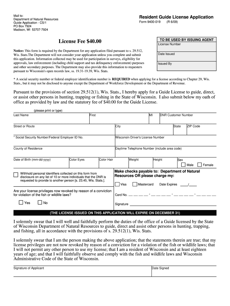  Wisconsin Guide License Application Fillable Form 2009-2024
