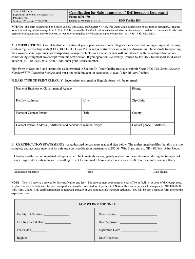 Certification for Safe Transport of Refrigeration Equipment, and Tax ID Form Form 4530 100 Facility Identification Air Pollution