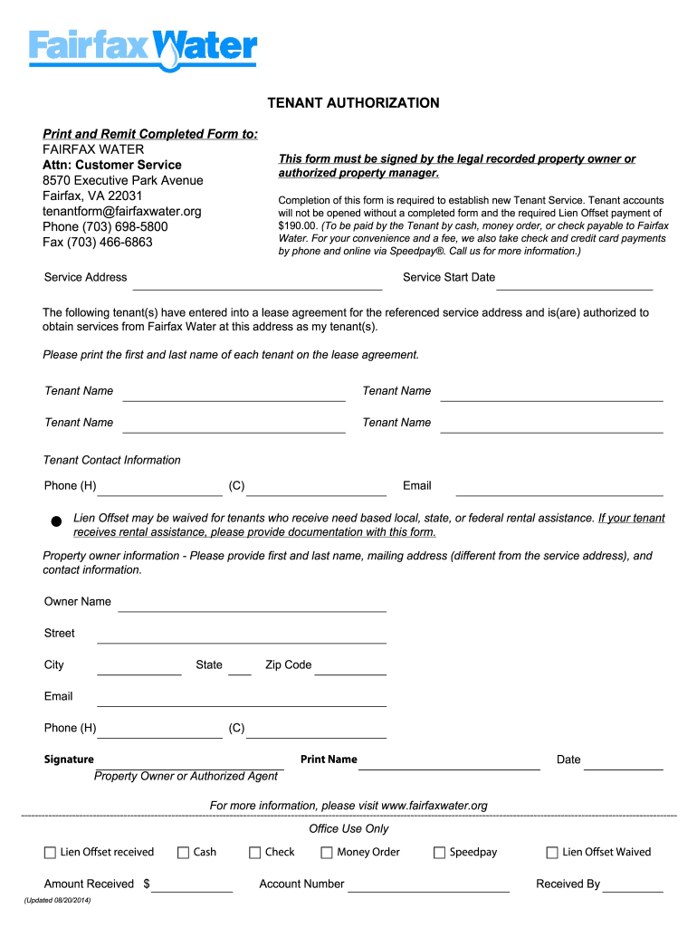  Fairfax Water Landlord Tenant Form 2014-2024