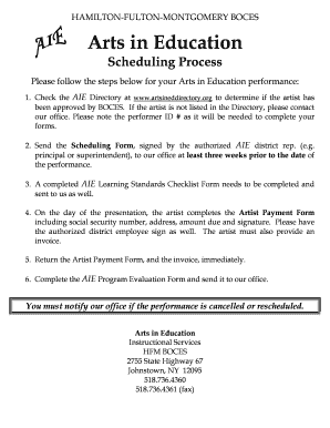 Arts in Education Scheduling Form HFM BOCES