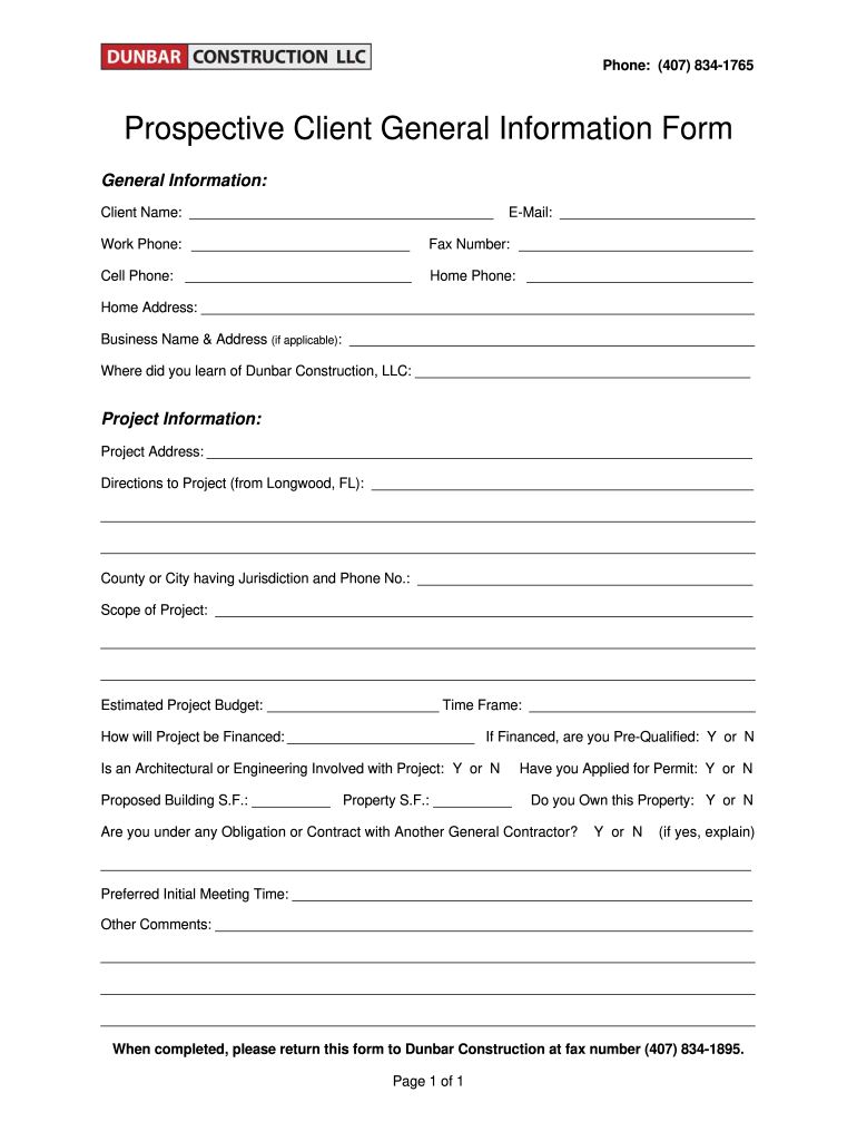 Prospective Client General Information Form Dunbar Construction