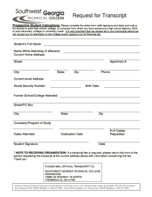 Request for Transcript Southwest Georgia Technical College  Form