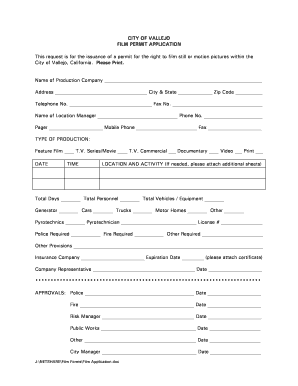 Vallejo Film Permit Application PDF File  Form