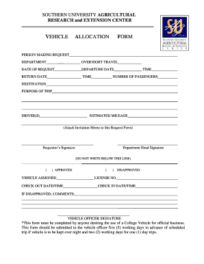 Vehicle Allocation Form Southern University Ag Center