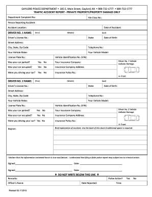 Traffic Accident Report Private PropertyProperty City of Gaylord  Form