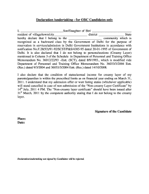 Declaration Undertaking for Obc Candidates Only  Form