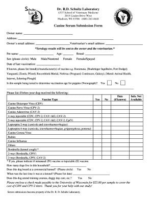 Dr R D Schultz Laboratory Canine Serum Submission Form