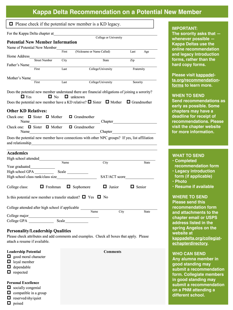 Kappa Delta Recommendation  Form