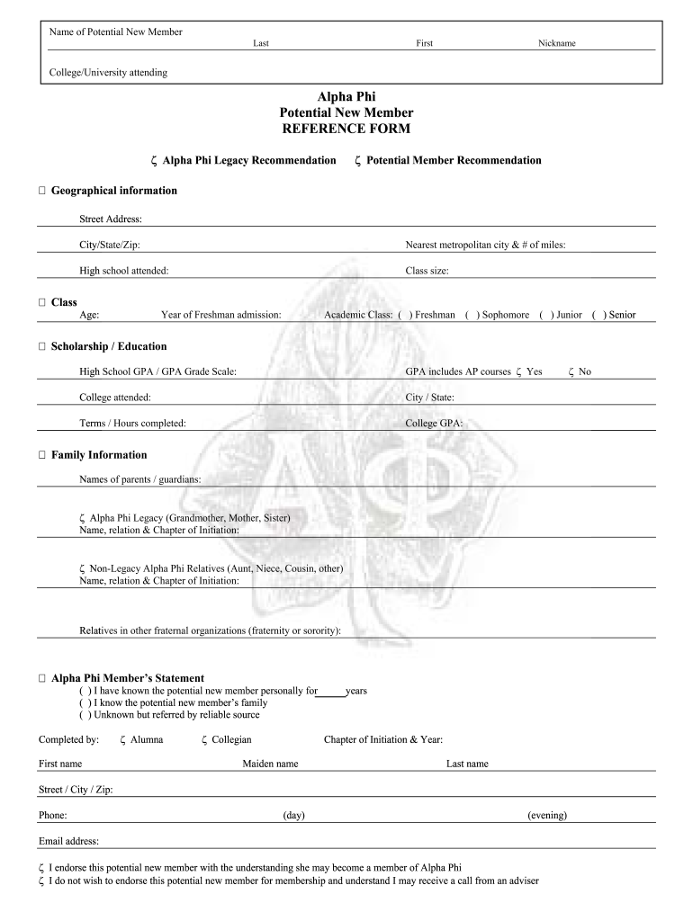 Alpha Phi Recommendation  Form