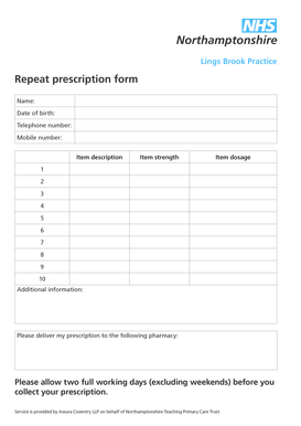 Please Click Here to Download the Repeat Prescription Form Lingsbrookpractice Nhs