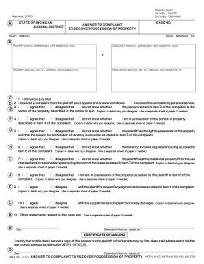 Form DC 111c ANSWER to COMPLAINT to Michigan Courts Grossepointefarms