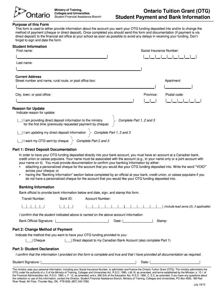  OTG Student Payment and Bank Information  Office of Student 2012-2024