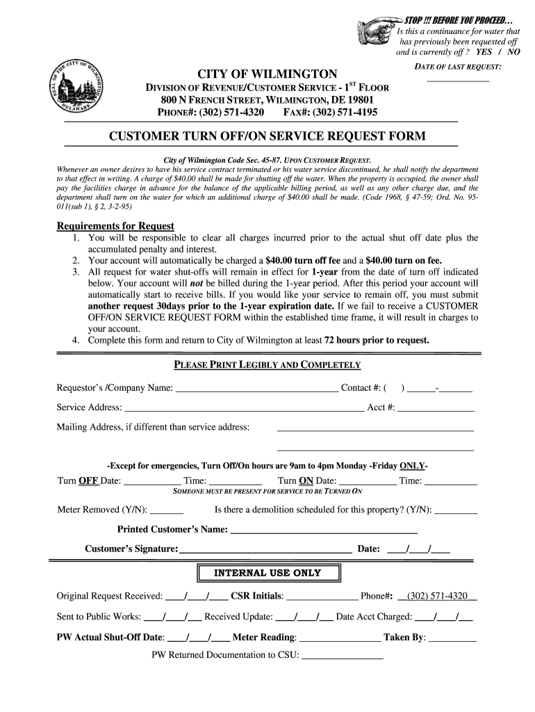 Get and Sign TURN off on REQUEST FORM City of Wilmington, Delaware 