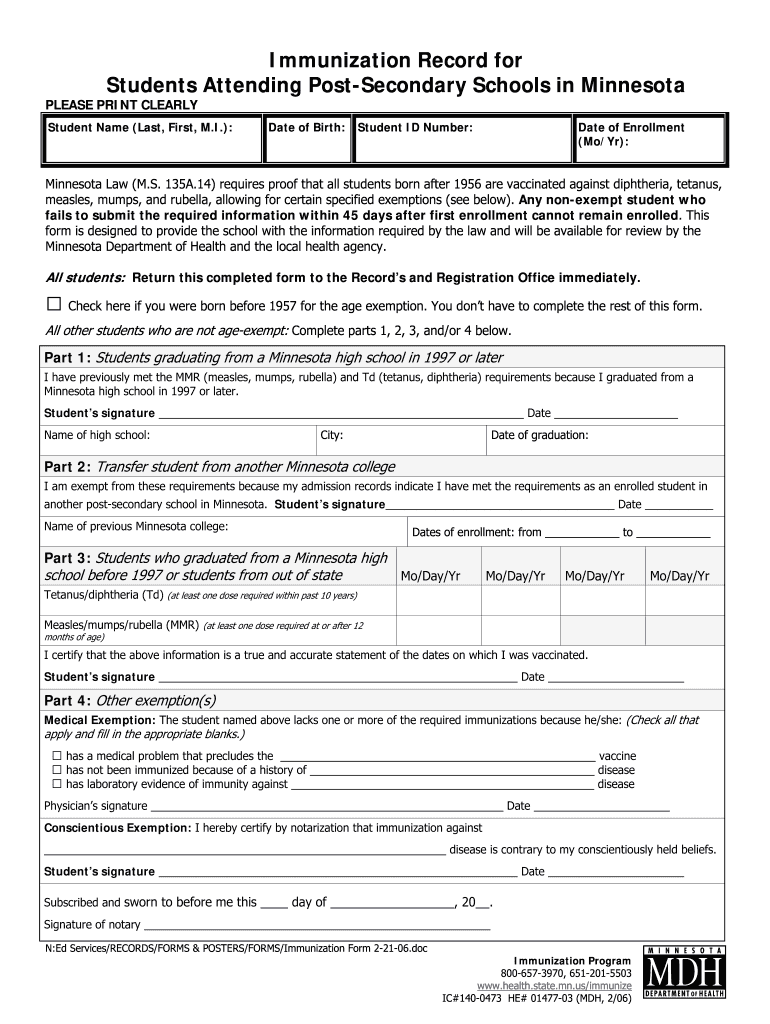 Immunization Form Anoka Ramsey Community College Anokaramsey