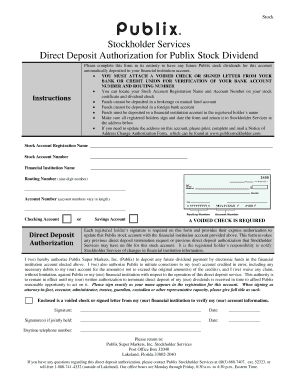 Direct Deposit Authorization for Publix Stock Dividend Form