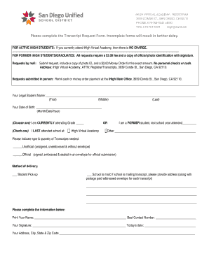 Transcript Request Form San Diego Unified School District