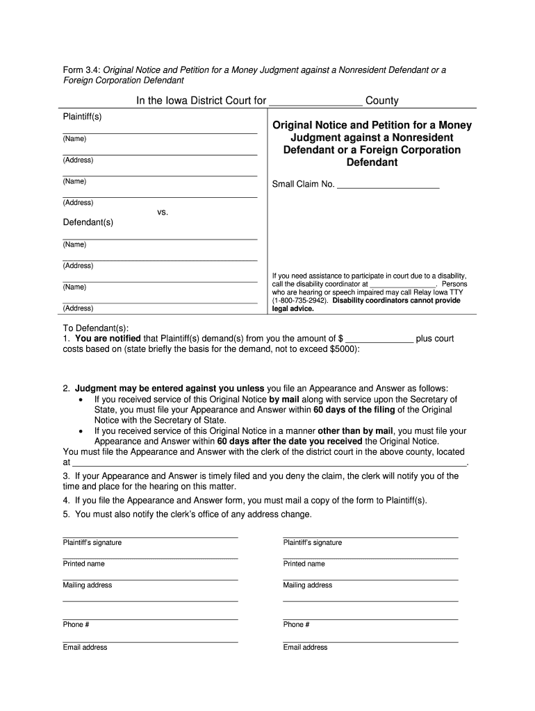 4 Original Notice and Petition for a Money Judgment Against a Nonresident Defendant or a Iowacourts  Form