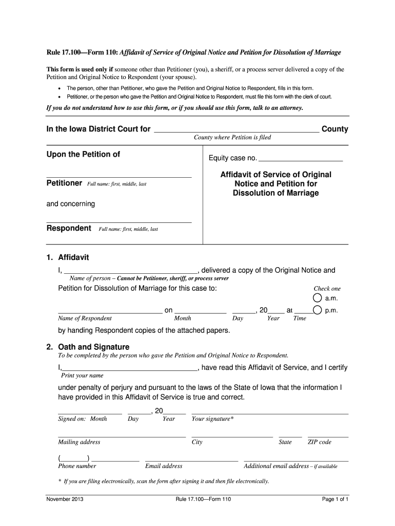 17 110 Affidavit of Service of Original Notice and Petition for Dissolution of Marriage Iowacourts  Form