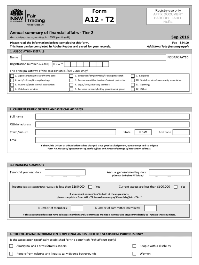  Form A12  T2  Annual Summary of Financial Affairs  Tier 2 2016