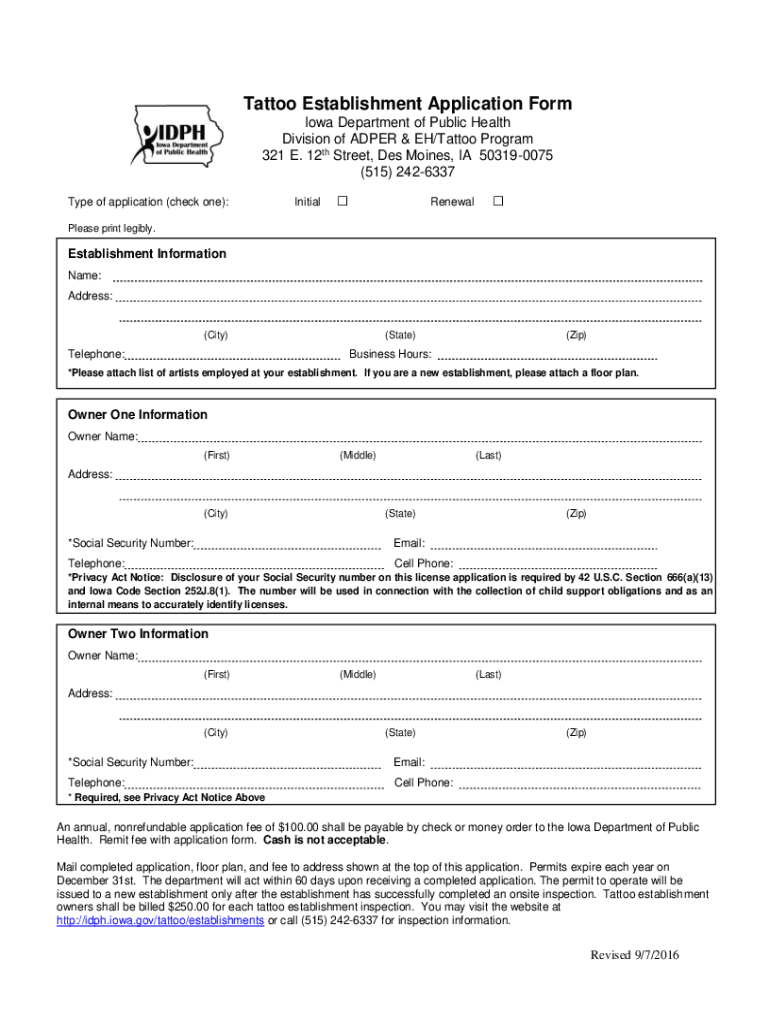  IA Tattoo Establishment Application Form 2016-2024