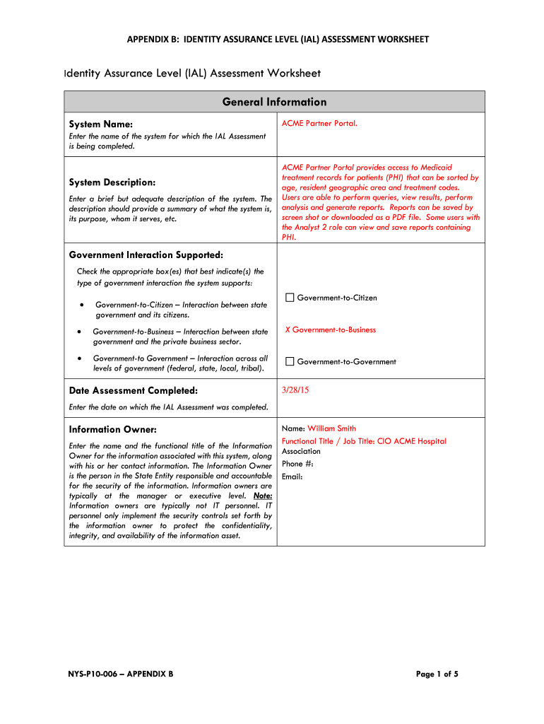 APPENDIX B IDENTITY ASSURANCE LEVEL IAL ASSESSMENT WORKSHEET  Health Ny  Form