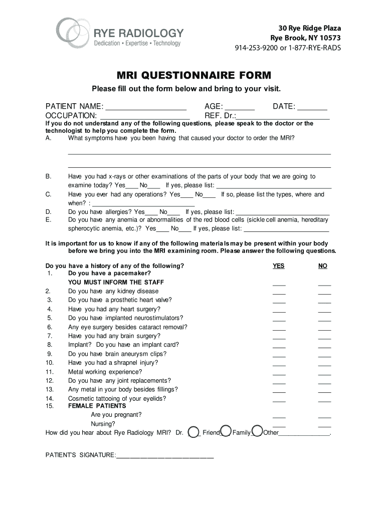 Get and Sign MRI QUESTIONNAIRE FORM