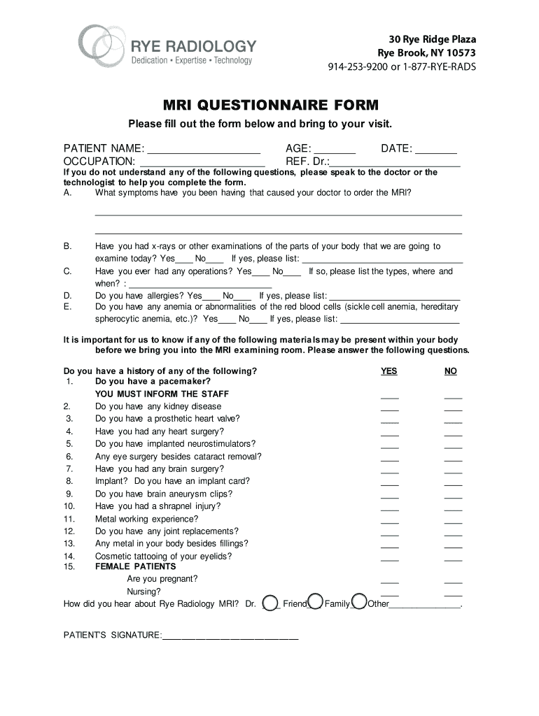 MRI QUESTIONNAIRE FORM