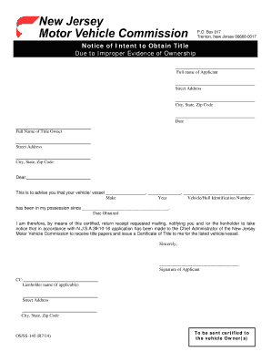 Notice of Intent to Obtain Title State Nj  Form