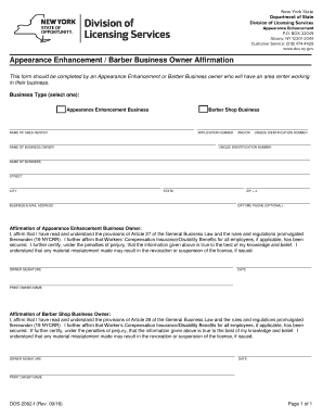 This Form Should Be Completed by an Appearance Enhancement or Barber Business Owner Who Will Have an Area Renter Working Dos Ny