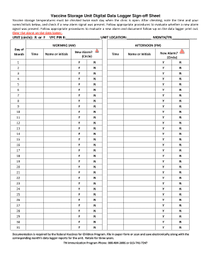 Vaccine Storage Unit Digital Data Logger Sign off Sheet Tn  Form