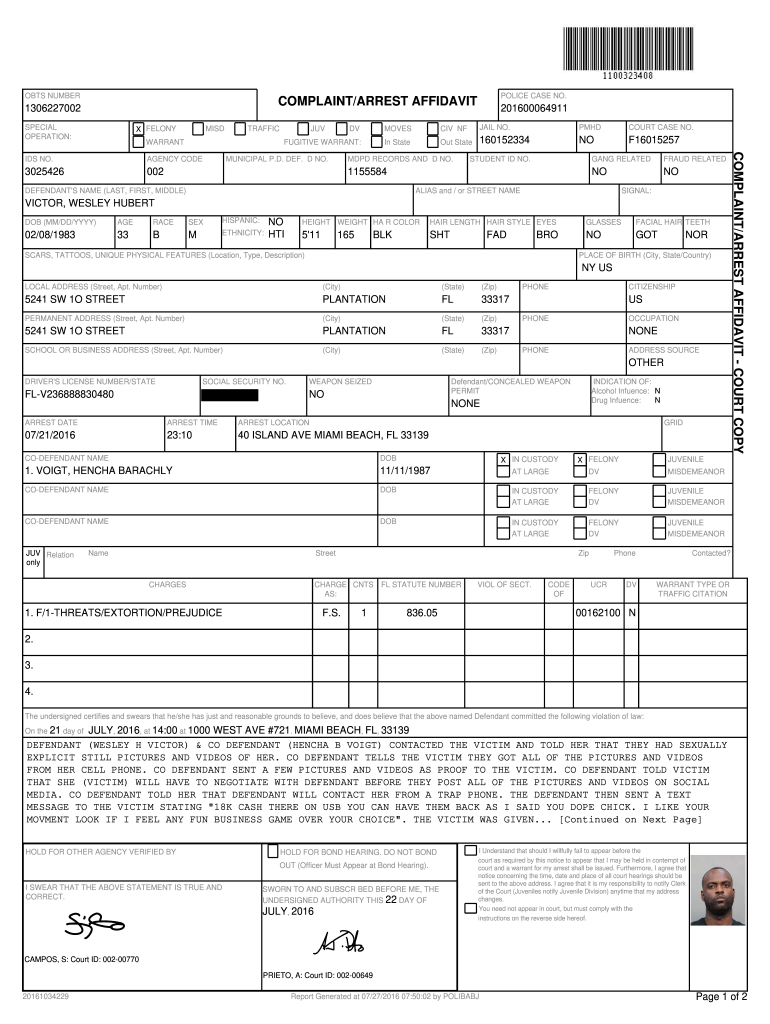 COMPLAINTARREST AFFIDAVIT 1306227002 201600064911  Form