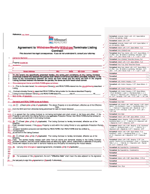 MSC 1040 Agreement to Withdraw Modify Terminate Listing Contract DOC  Form