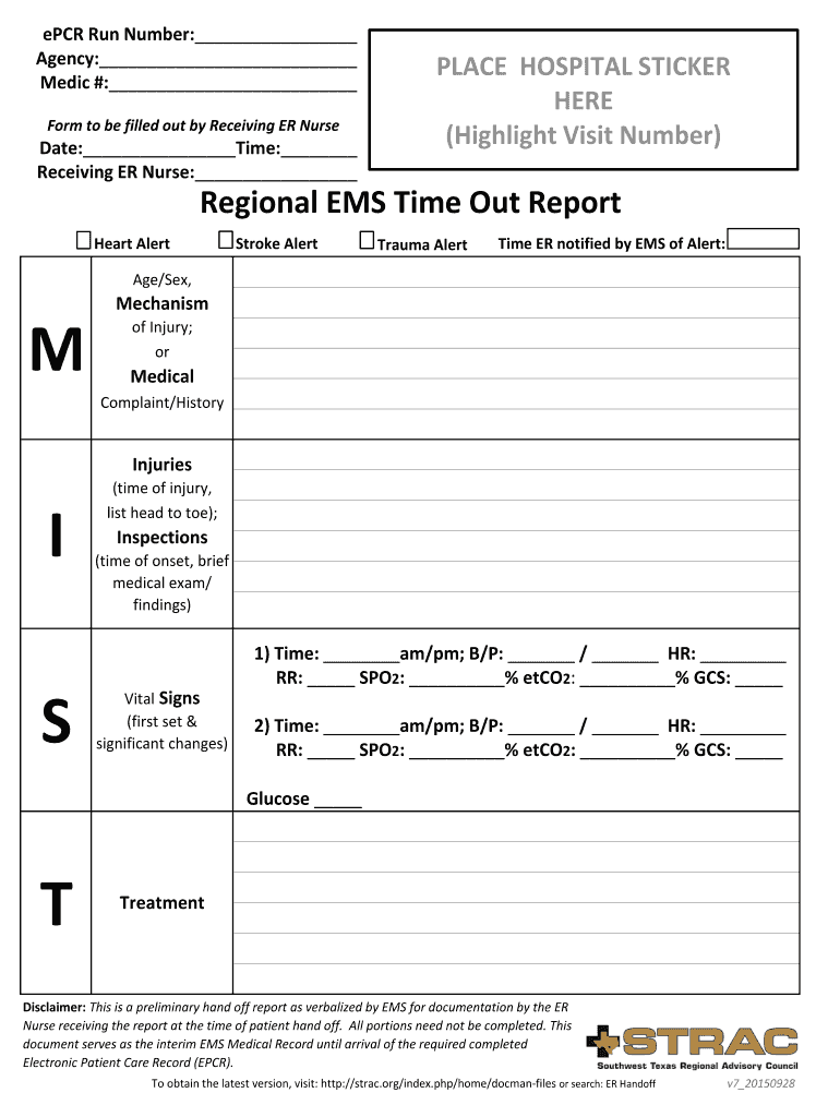  Hand off Report Sheets Ems to Nurse 2015-2024