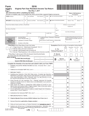  Virginia Form 760PY Part Year Resident Income Tax Return  Form 760PY Virginia Part Year Resident Income Tax Return 2016
